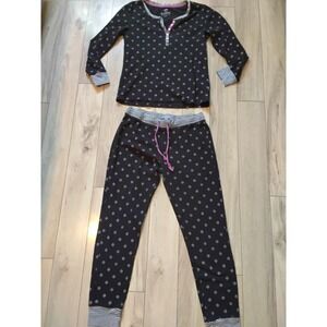 Jane and Bleecker Womens Pajama Set Black Floral Waffle Knit Henley Joggers -M